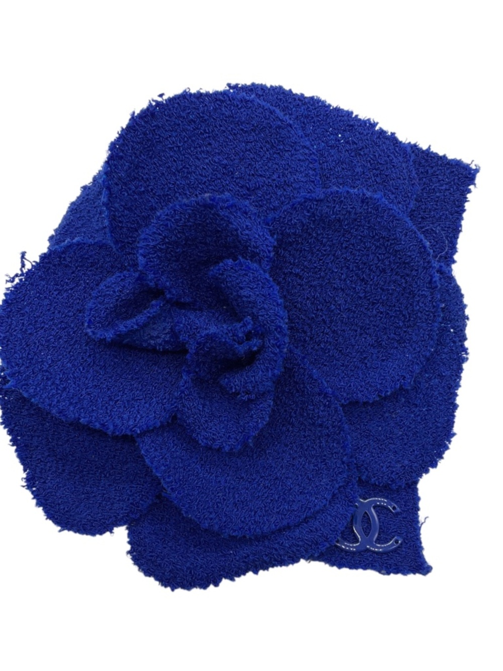 CHANEL BLUE CC LOGO CAMELLIA TWEED BROOCH